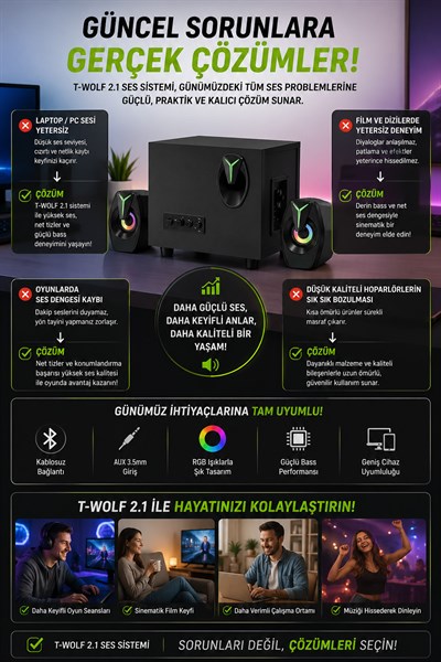 RGB Işıklı 2si 1 Arada Bluetooth Bilgisayar Hoparlörü – D37 Siyah Subwoofer Speaker, Güçlü Bass & Stereo Ses