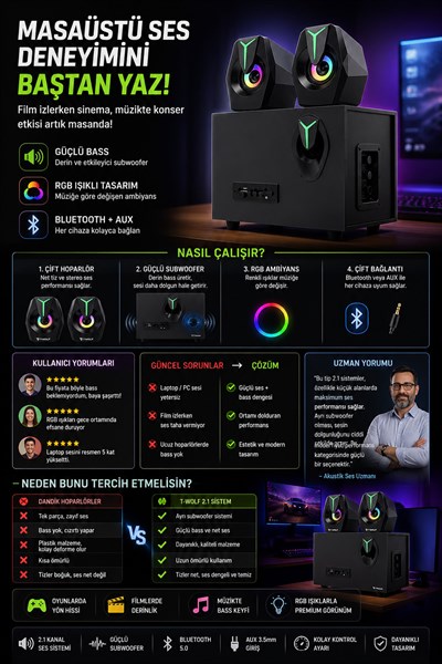 RGB Işıklı 2si 1 Arada Bluetooth Bilgisayar Hoparlörü – D37 Siyah Subwoofer Speaker, Güçlü Bass & Stereo Ses