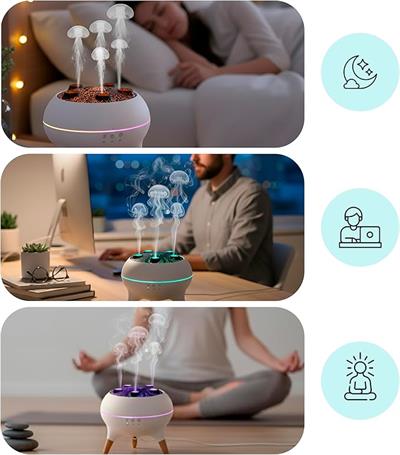 Robeve V80 Jellyfish Hava Nemlendirici Deniz Anası Efektli Ultrasonik Buhar Makinesi  Kumandalı, LED Işıklı & Sese Duyarlı Ritim Modlu 