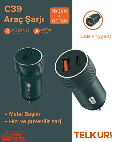FERRO C39 Çift Çıkışlı Usb-c 18w & PD 20W Metal Araç Şarj Başlığı