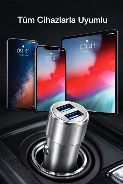 TELKUR Çift Usb Çıkışlı Metal Başlıklı Araç Şarj Cihazı ( Micro Kablo Hediyeli )
