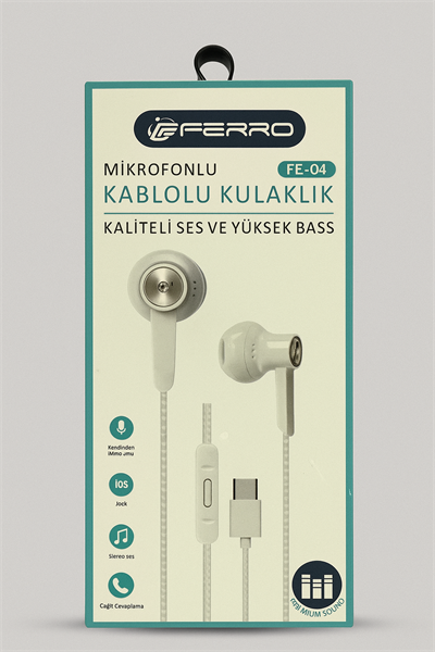 FERRO Kaliteli Ses Yüksek Baslı Kablolu Kulak İçi Mikrofonlu Type-c Girişli  Kulaklık  FE-04