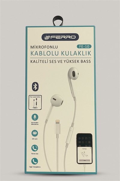 FERRO Kaliteli Ses Yüksek Baslı Kablolu Kulak İçi Mikrofonlu Lighting Girişli Kulaklık FE-10 