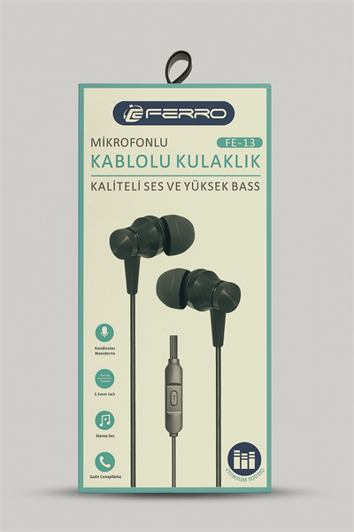 FERRO Kaliteli Ses Yüksek Baslı Kablolu Kulak İçi Mikrofonlu 3.5mm Jacklı Kulaklık FE-13