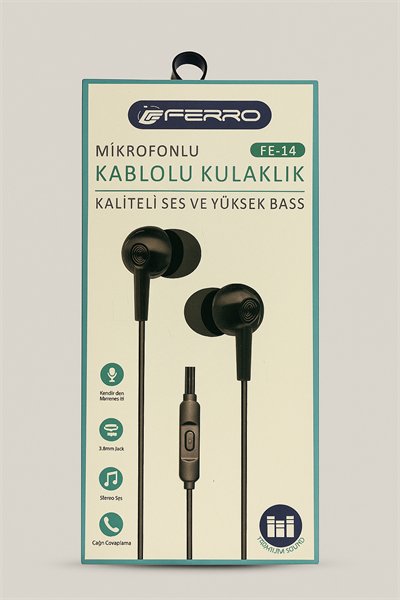 FERRO FE-14  Kaliteli Ses Yüksek Baslı Kablolu Kulak İçi Mikrofonlu 3.5mm Jacklı Kulaklı