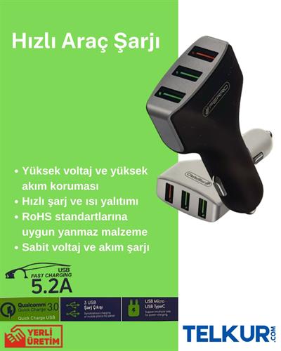 FERRO FS-01 Qualcom 3,0 Hızlı Araç Şarjı 3 Usb Çıkışlı 5,2 A
