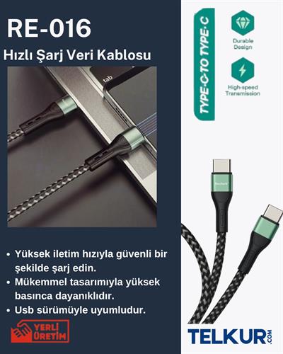 FERRO Reshurk RE-016 Type-c & Type-c  60W Metal Uclu  1000cm 3,1A Hasır Kablo