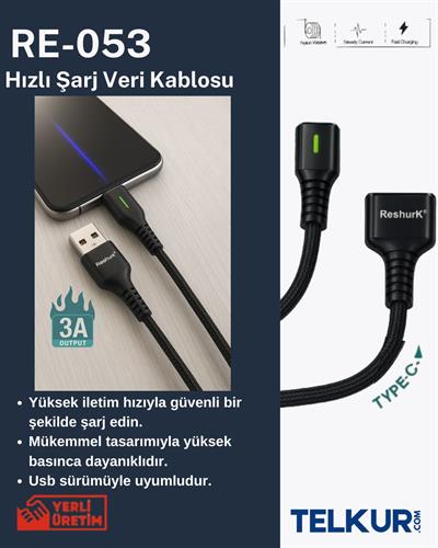 FERRO Reshurk RE-053 Usb-c & Type-c Ledli 1000cm 3A Hızlı Data - Şarj Hasır Kablo