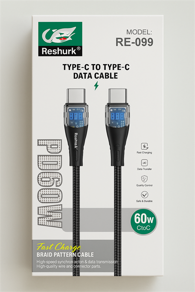 FERRO Reshurk RE-099 Type-c & Type-c Silikon Uclu Ledli 1000cm 60W Hızlı Data - Şarj Hasır Kablo