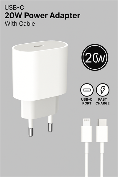 FERRO W20 Apple IPhone Tüm Modeller İçin Uyumlu Hızlı Şarj Aleti Set 20W Adaptör & Usb-C Kablo 