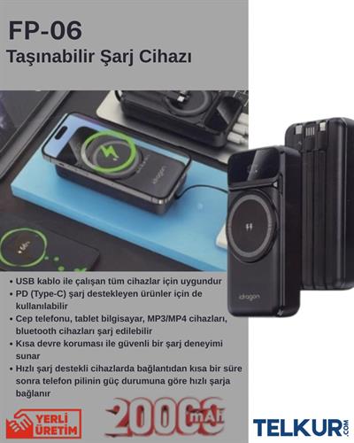 FERRO  20.000mAh PD-22,5W Magsafe Kablosuz Type-C Siyah Powerbank FP-06