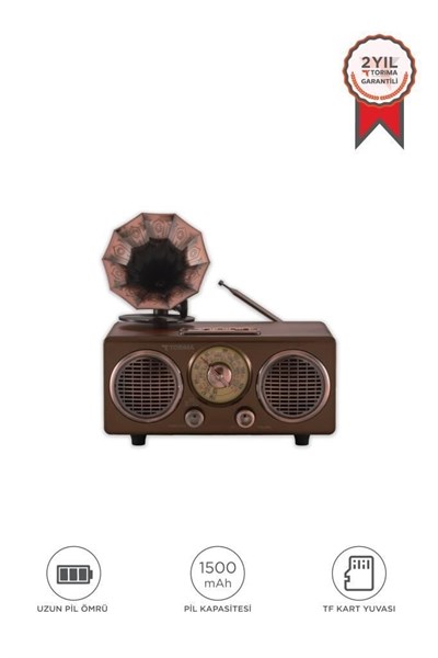 Torima D89 Nostaljik Bluetooth Hoparlör Retro Radyo Kablosuz Speaker TF Kart FM/AM/SW Koyu Ahşap