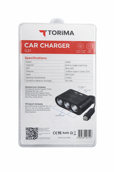 Torima G21 Araç İçi Çakmak Çoklayıcı – 120W, 4 Çakmak Soketi, Type-C & USB Portları