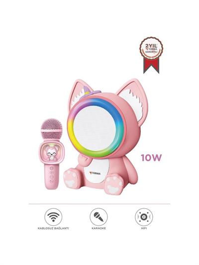 Torima KIDMIC-04 Bluetooth Hoparlör Rgb Işıklı Mikrofonlu Karaoke Sevimli Kedi Figürlü Speaker Pembe
