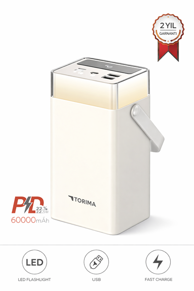 Torima TRM-1041 40000 mAh Type-C Lightning 22,5 W Hızlı Şarj RGB Led Işıklı Powerbank Beyaz