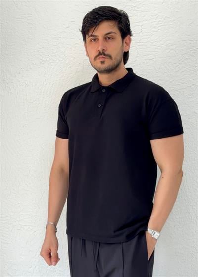 Özel kesim Kolları dar Oversize Polo Yaka T-shirt / SİYAH - PLY01