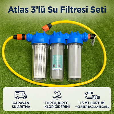Atlas 3'lü Su Filtresi Seti – Karavan Su Arıtma Sistemi (1.3 mt Hortum ve Claber Bağlantı Aparatları Dahil)