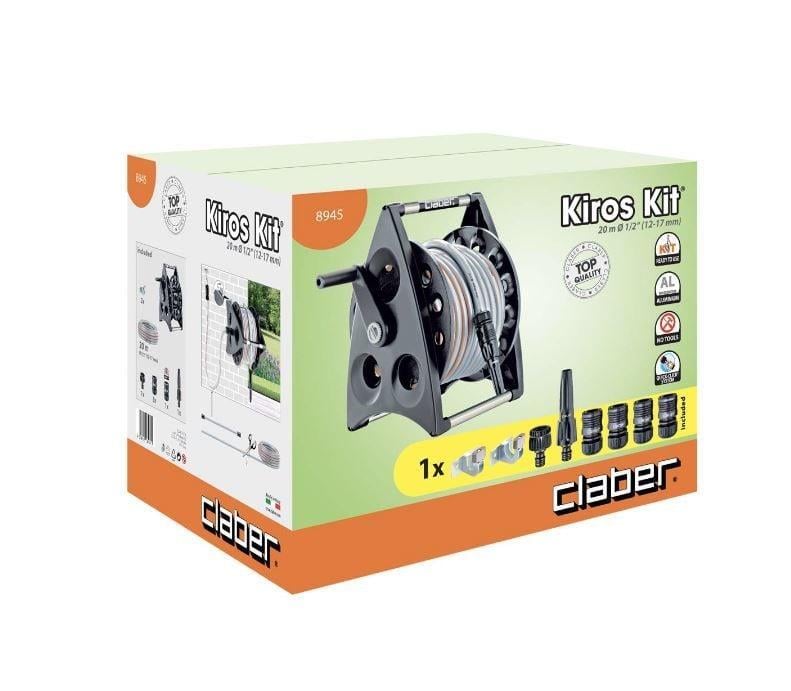 Claber Kiros Kit Dévidoir Mural Aluminium Avec Tuyau 20m Et Lance - Arrosage Compact