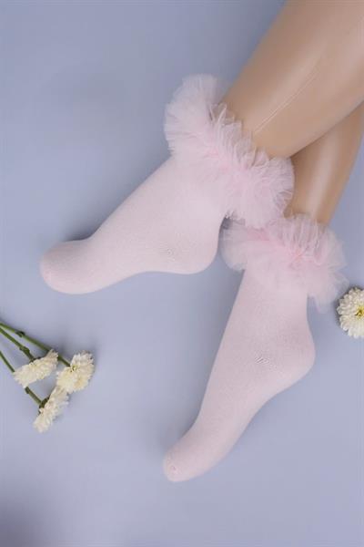 1li Kız Çocuk Fırfır Detaylı Pembe Soket Çorap