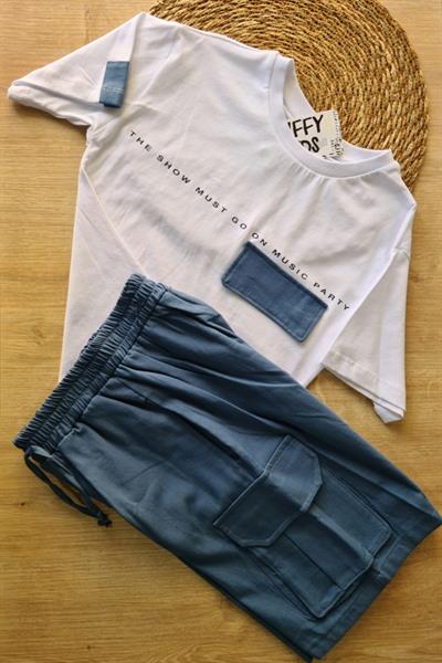 2li Erkek Çocuk Beyaz Tişört Mavi Şortlu Takım