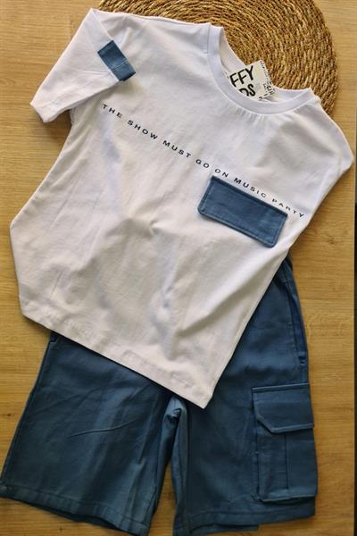 2li Erkek Çocuk Beyaz Tişört Mavi Şortlu Takım