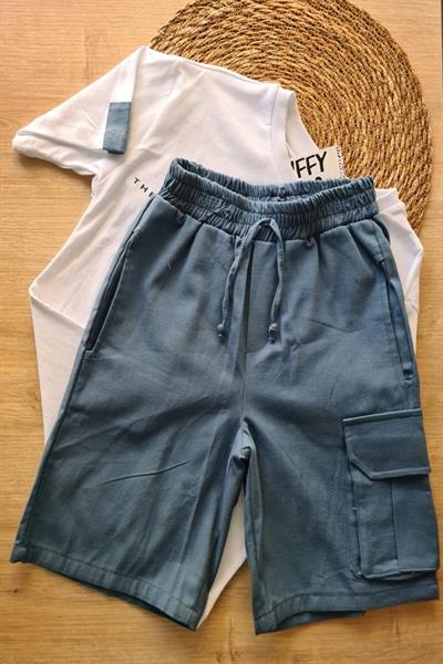 2li Erkek Çocuk Beyaz Tişört Mavi Şortlu Takım