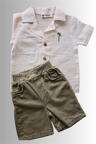 2li Erkek Çocuk Krem Gömlek Yeşil Sortlu Takım