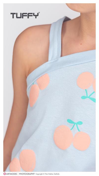 2li Kız Çocuk Mavi Kiraz Desenli Şortlu Takım