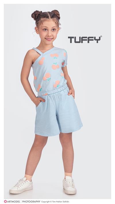 2li Kız Çocuk Mavi Kiraz Desenli Şortlu Takım