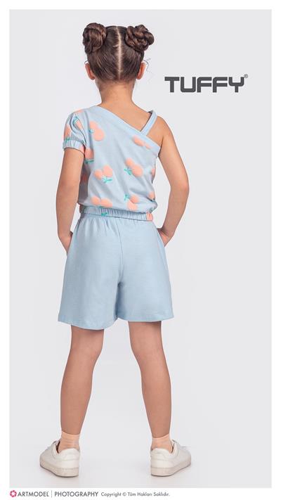 2li Kız Çocuk Mavi Kiraz Desenli Şortlu Takım