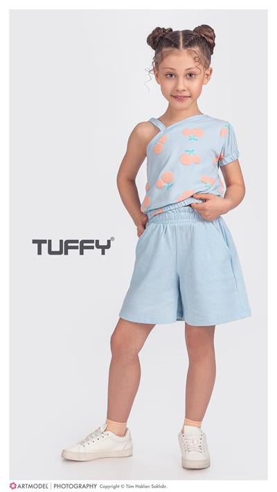 2li Kız Çocuk Mavi Kiraz Desenli Şortlu Takım