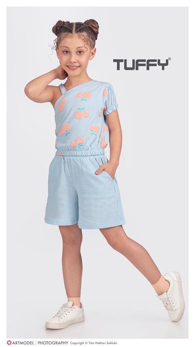 2li Kız Çocuk Mavi Kiraz Desenli Şortlu Takım