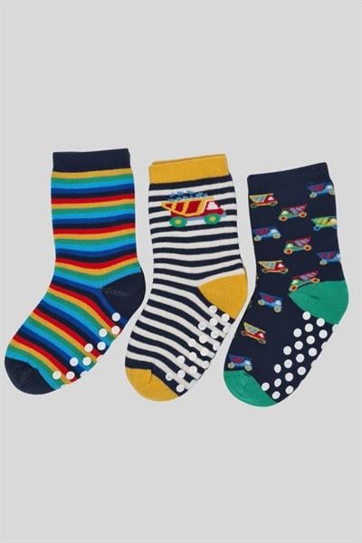 3 Çift Havlu Pamuklu Kaydırmaz Taban Kışlık Araba Ve Çizgi Desenli  Erkek Çocuk Ve Bebek Soket Çorap