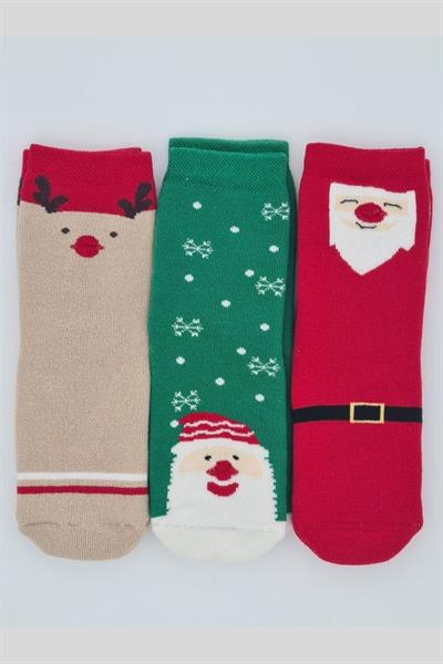 3 Çift Kaydırmaz Tabanlı Havlu Pamuklu Kışlık Yeniyıl Temalı Çocuk Ve Bebek Soket Çorap