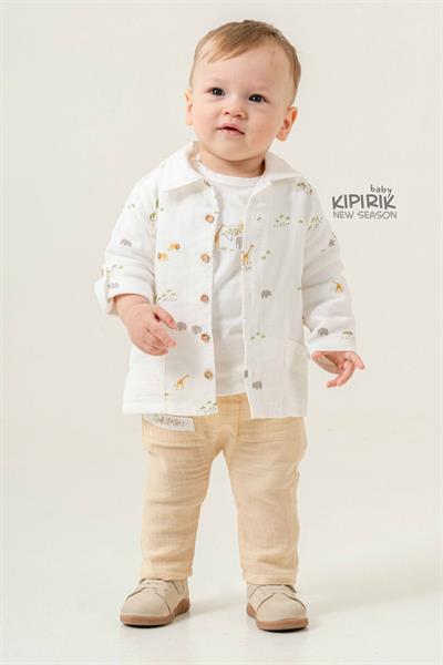 3lü Bebek Takımı Müslin Gömlek Pantalon Tişört Zürafa Desenli 