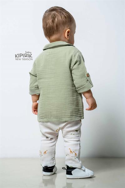 3lü Bebek Takımı Müslin Gömlek Pantalon Tişört Zürafa Desenli