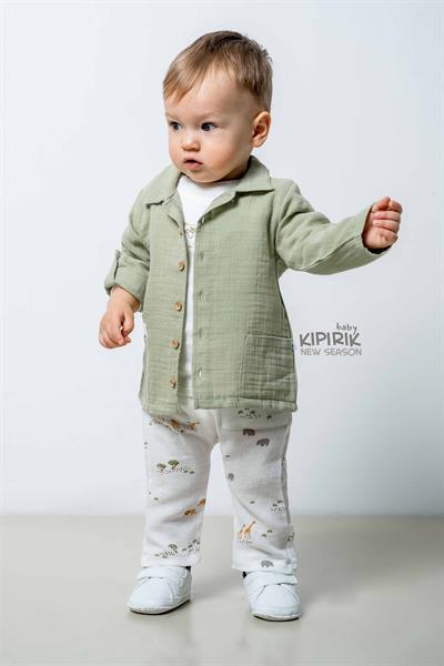 3lü Bebek Takımı Müslin Gömlek Pantalon Tişört Zürafa Desenli