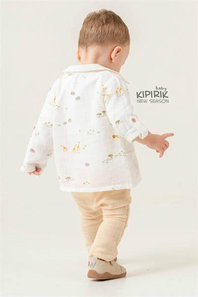 3lü Bebek Takımı Müslin Gömlek Pantalon Tişört Zürafa Desenli 