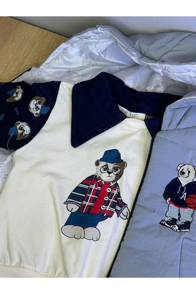 3Lü Erkek Bebek Çocuk 2 Iplik Kapüşonlu Yelekli Takım