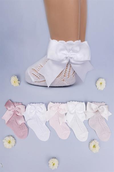 3lü Kız Bebek Kurdele Fiyonk Detaylı Pembe Ekru Beyaz Soket Çorap
