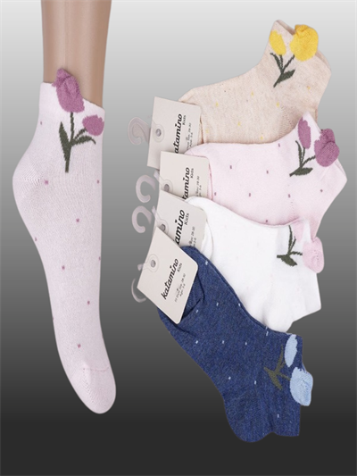 4lü Kız Çocuk Çiçek Detaylı Patik Çorap