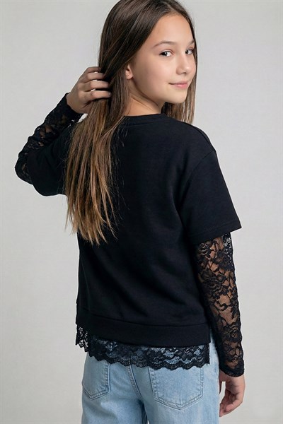 Dmb Boys & Girls Kız Çocuk Dantel Kollu Tshirt Siyah