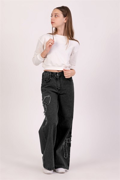 Dmb Boys & Girls Kız Çocuk Kurdele İşlemeli Kot Pantolon Füme