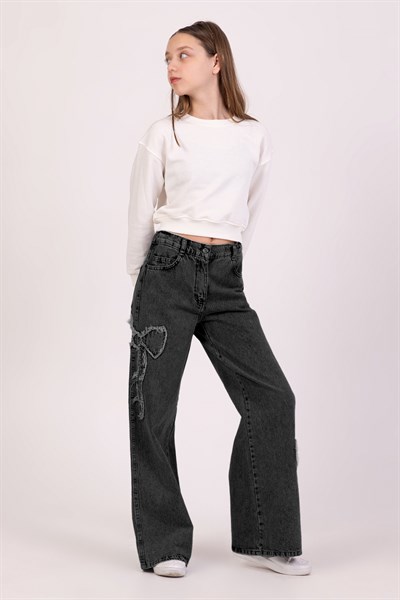 Dmb Boys & Girls Kız Çocuk Kurdele İşlemeli Kot Pantolon Füme