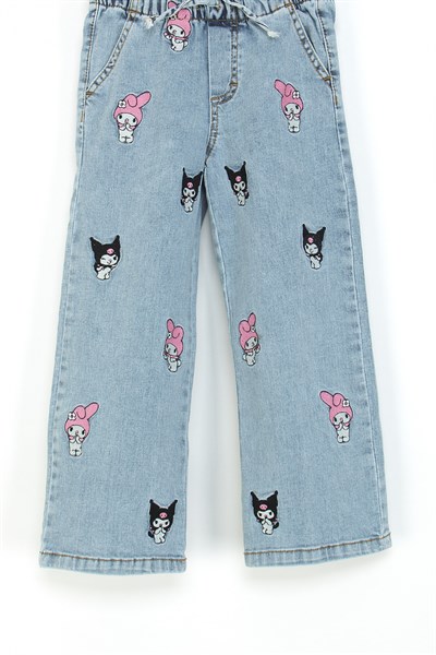 Dmb Boys & Girls Kız Çocuk Kuromi İşlemeli Beli lastikli Kot Pantolon Mavi