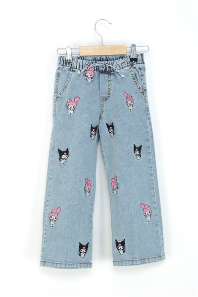 Dmb Boys & Girls Kız Çocuk Kuromi İşlemeli Beli lastikli Kot Pantolon Mavi