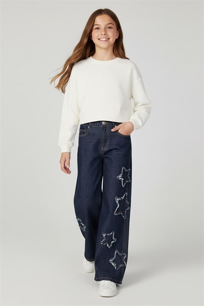Kız Çocuk Pamuklu Yıldız İşlemeli Geniş Paça Kot Pantolon Lacivert 4-9 Yaş