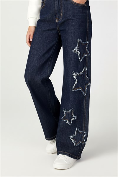 Kız Çocuk Pamuklu Yıldız İşlemeli Geniş Paça Kot Pantolon Lacivert 4-9 Yaş