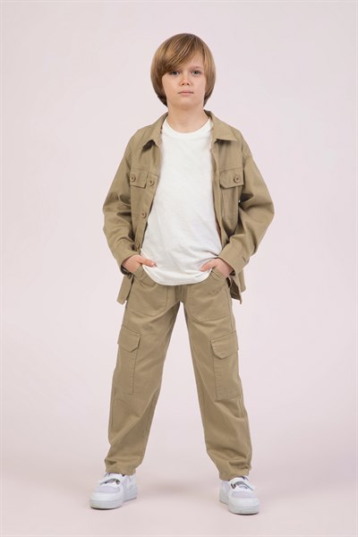 Dmb Erkek Çocuk Ayarlanabilir Lastikli Bel Düğme+Fermuar Kapama Kargo Cepli Dokuma Kot Jeans Pantolon Bej