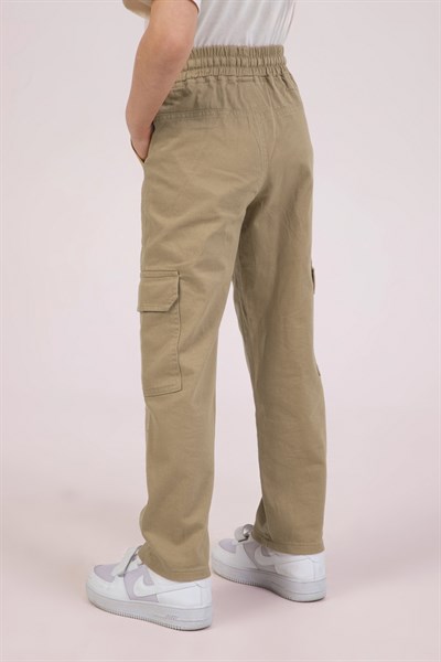 Dmb Erkek Çocuk Ayarlanabilir Lastikli Bel Düğme+Fermuar Kapama Kargo Cepli Dokuma Kot Jeans Pantolon Bej